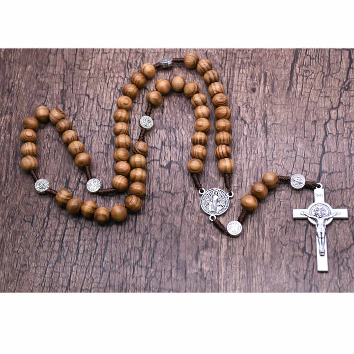 Kalung Agama Santo Benedict, Rosario Kayu 7X8Mm Manik-manik Salib Katolik