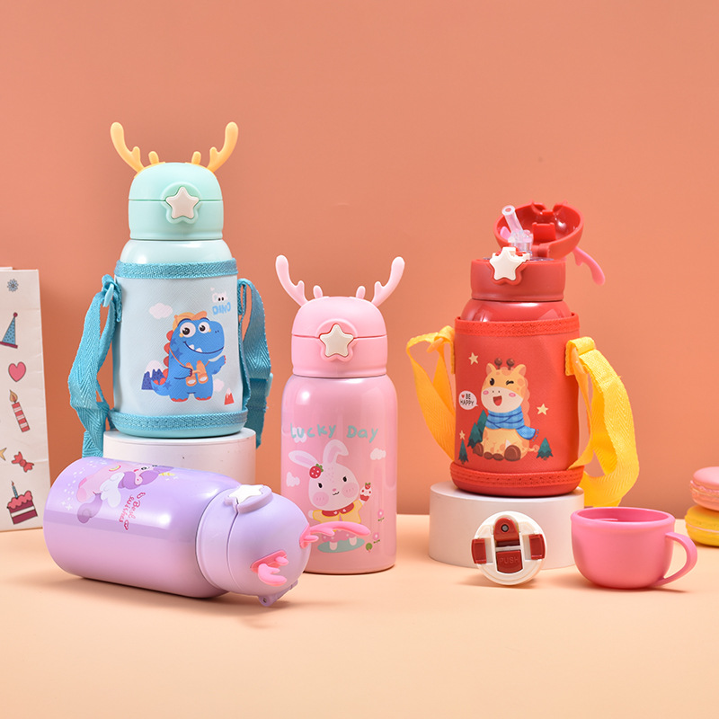 Seaygift Cartoon Deer <strong>Horn</strong> Kids Vacuum Insulated <strong>Cups</strong> Mugs 1 <strong>Cup</strong> 2 Lids Children Stainless Steel Thermos Water Bottle with Straw - Product Image 2