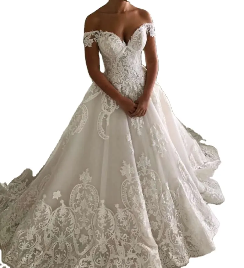 7290 # nuovo elegante abito da sposa aderente a maniche corte con spalle scoperte in pizzo Applique da sposa abito da ballo con lacci Pakistani