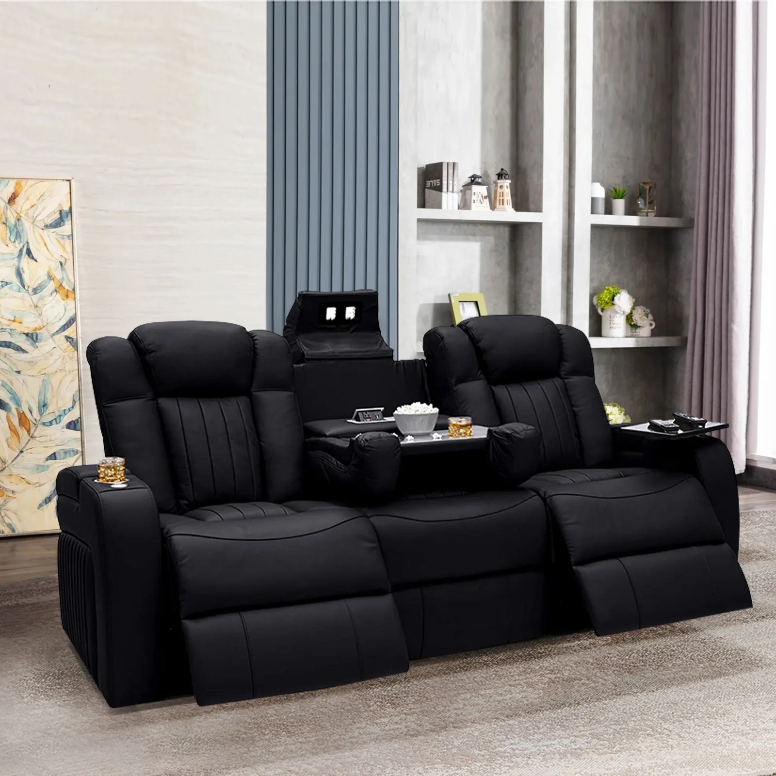 Sofá de cine en casa con mesa de centro, de lujo, personalizado, italiano, cuero de grano superior, eléctrico, reclinable, LED, para cine en casa, 2022
