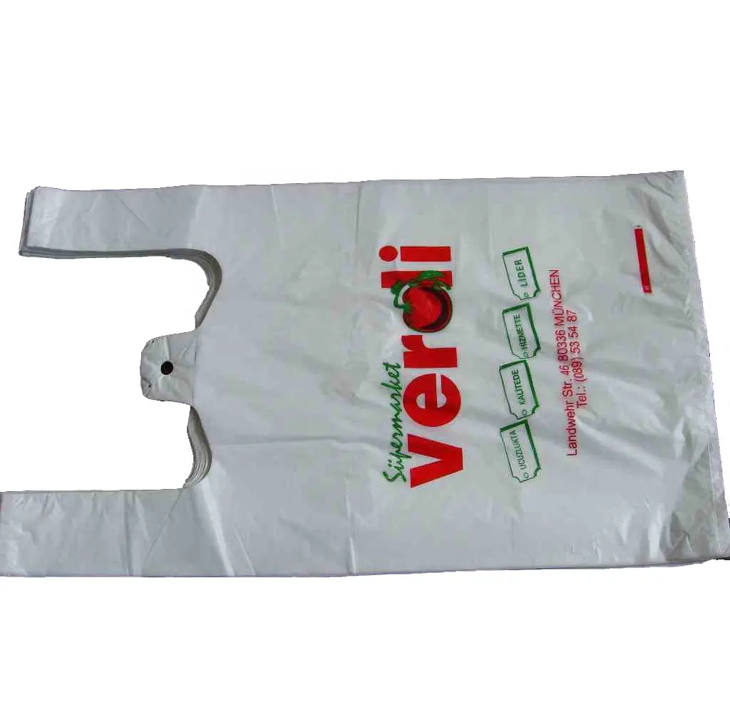 Çin'de yapılan HDPE/LDPE yeniden ucuz süt beyaz plastik T tişört çanta alışveriş çantası için logo ile bakkal alışveriş abd için