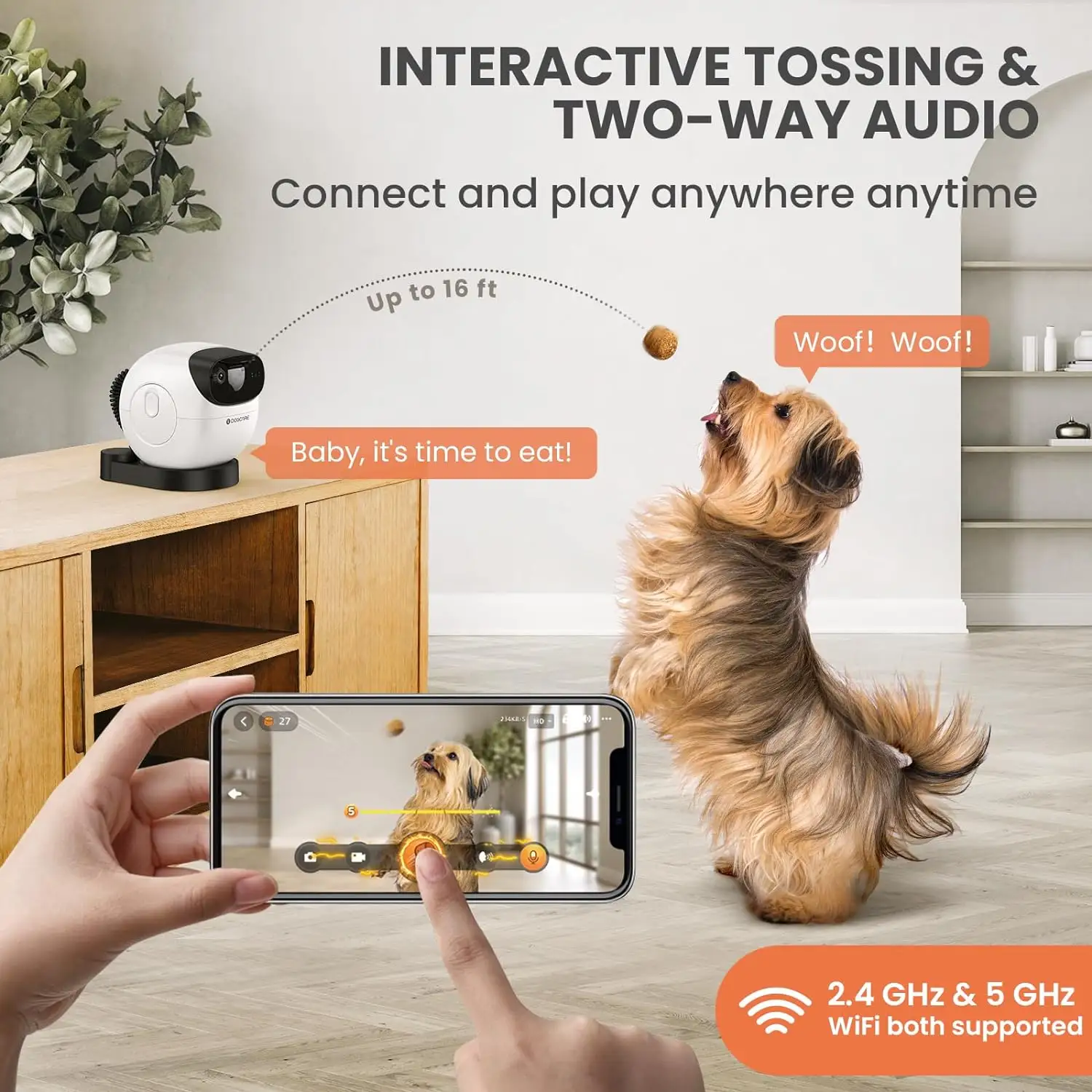 Produits pour animaux de compagnie Distributeur de friandises pour appareil photo DOG CARE, 1080p HD 360 degrés Caméra pour animaux de compagnie avec suivi AI, alerte d'aboiement, alerte selfie