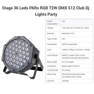 Hot Selling 36 LEDPars <strong>RGB</strong> 72W DMX 512 and Sound Active <strong>LED</strong> Stage Light Party Club DJ Lights for Theme Park Use - Product Image 2