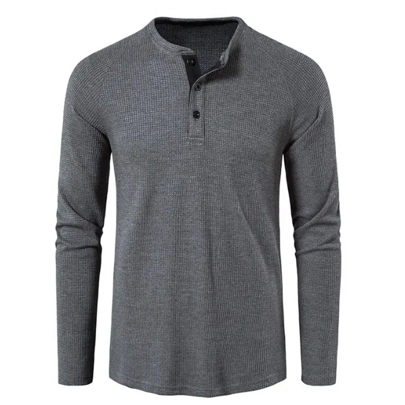 Men's Breathable Waffle Knit Grey Shirt Customize Long Sleeve Button Henley T-Shirt Thick Tops