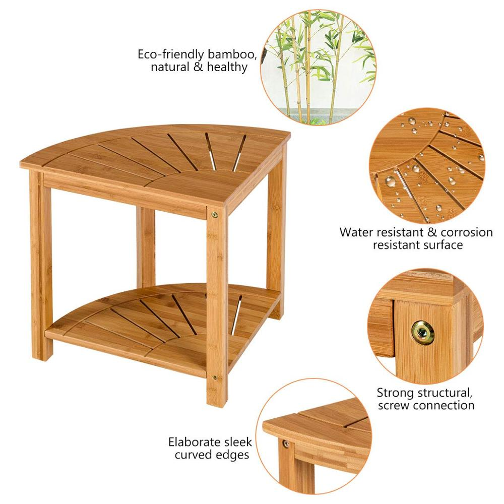 Shower Stool Bamboo Bench with Shelf Waterproof 2-Tier Wood Storage & Seat for Bathroom, Shower