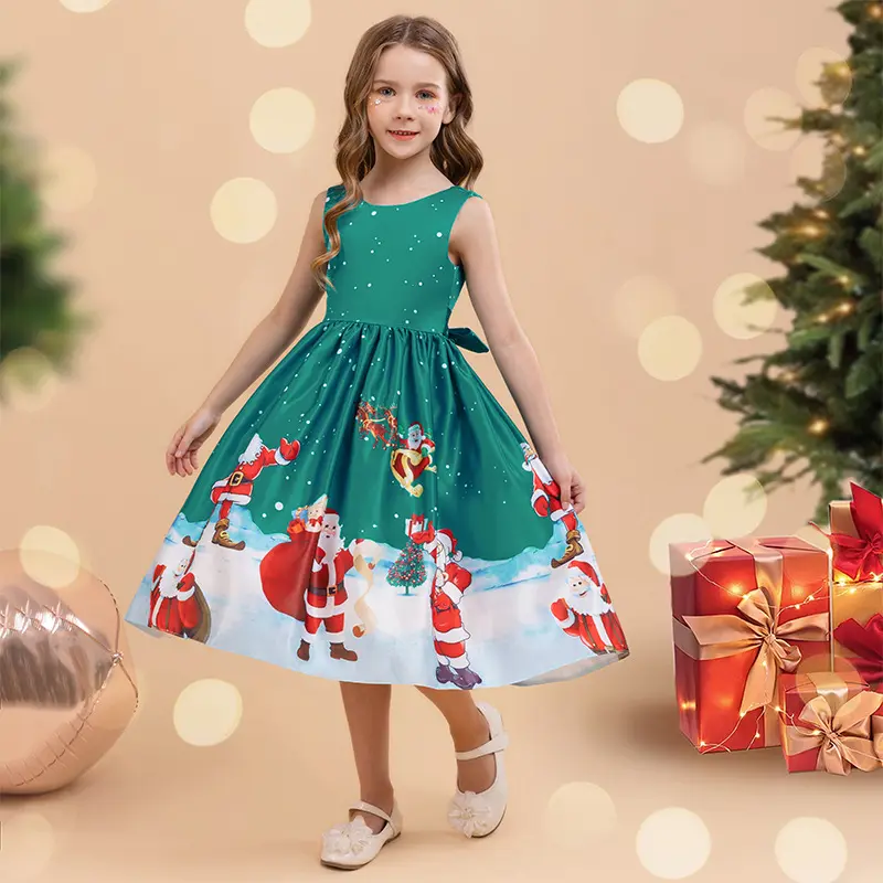 Nueva Llegada Moda Navidad Ropa Niñas Impreso Princesa 8 años Niños Festival Rendimiento Vestido Corto