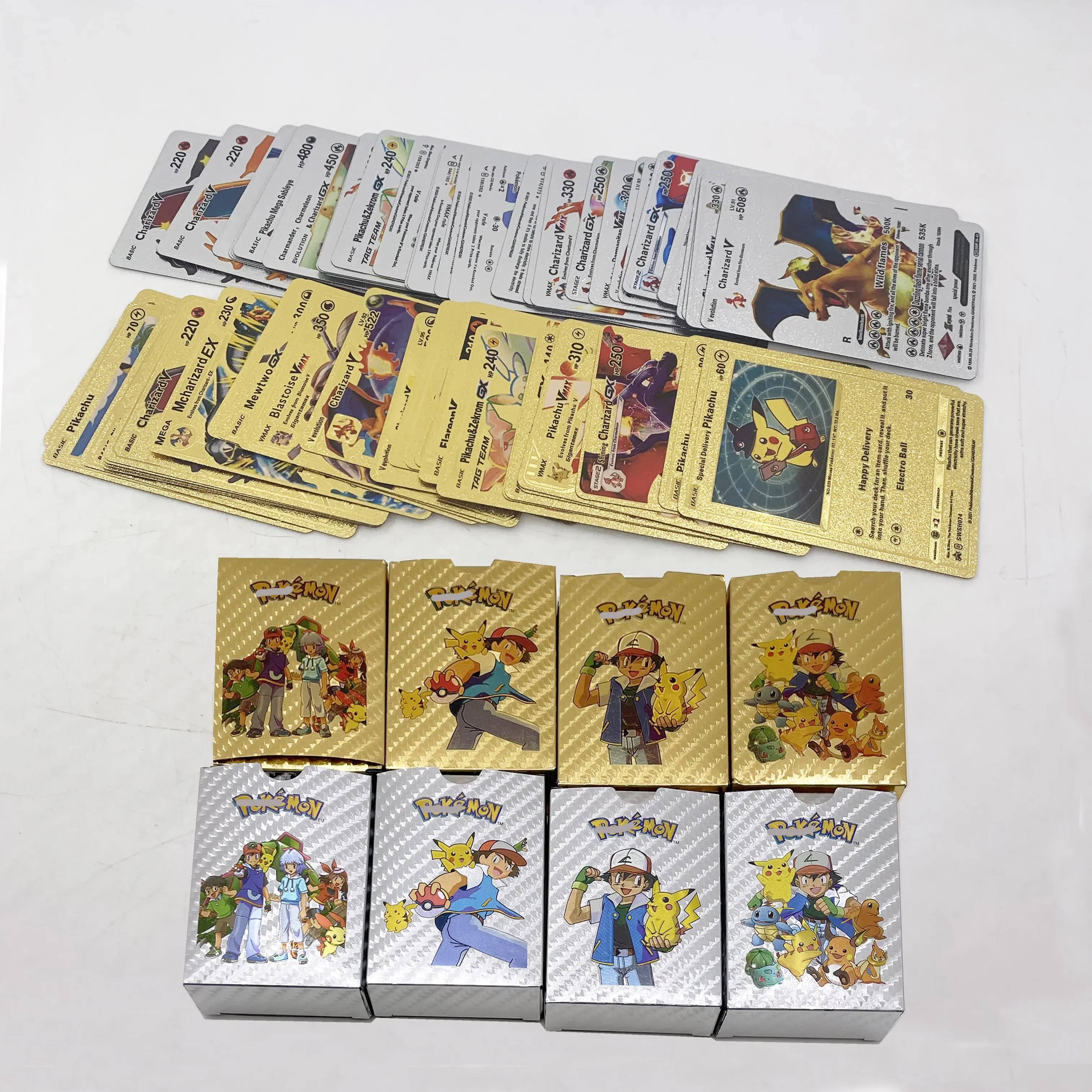 Vendita calda Poke-mon carta di plastica lamina d'oro 55 pezzi nella scatola di carte da gioco d'oro inglese Anime gioco di carte