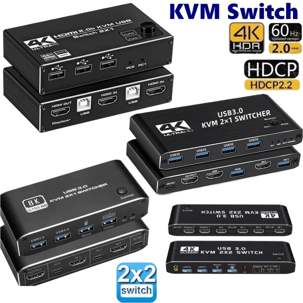 8K HDMI 2.1 KVM Switch Splitter USB 3.0 KVM switcher USB 2 in 1 out Switcher per computer monitor tastiera Mouse EDID HDCP Print