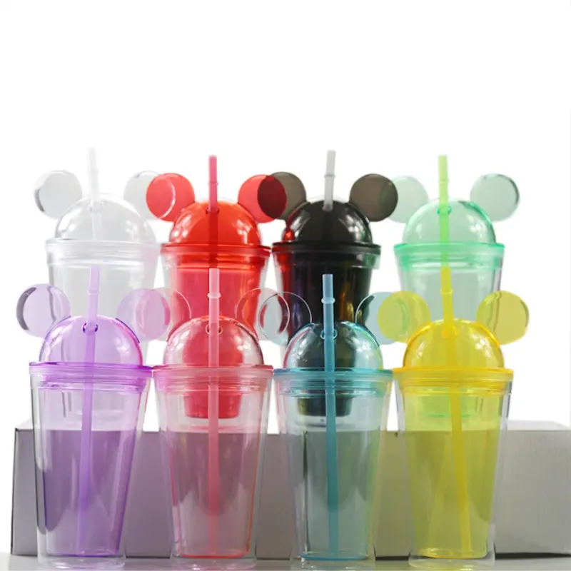 Vendite calde 16oz Del Mouse Orecchio Tazze Colorate Acrilico Mickey Bicchiere con Paglia e Coperchio A Cupola