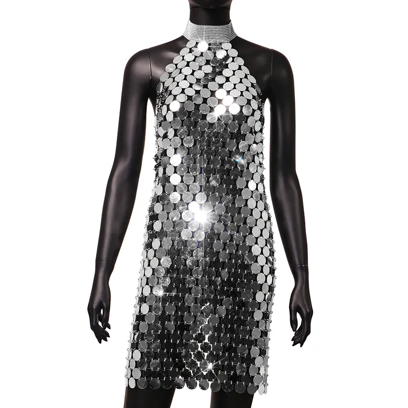 Сексуальное Клубное платье 2023, новый дизайн, металлические блестки, нестандартные металлические, на бретельках, вечерние платья Chainmail, женская одежда для ночного клуба