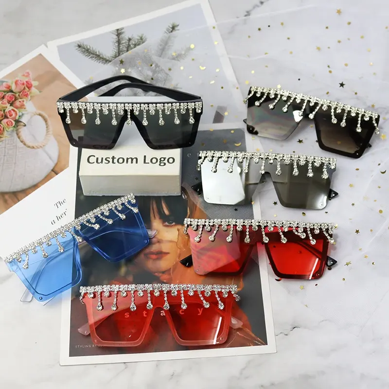 Gafas de sol clásicas personalizadas con diamantes para mujer, lentes de sol de una pieza con logotipo personalizado