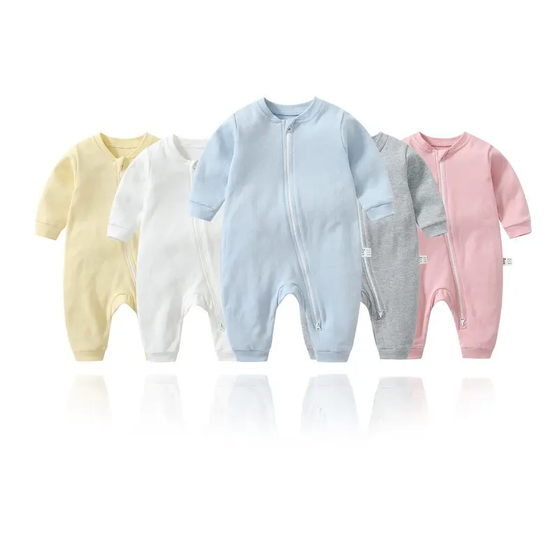 Purorigin échantillon gratuit OEM 100% coton nouveau-né bébé vêtements barboteuse bébé garçons barboteuses fermeture éclair à manches longues décontracté bébé barboteuse