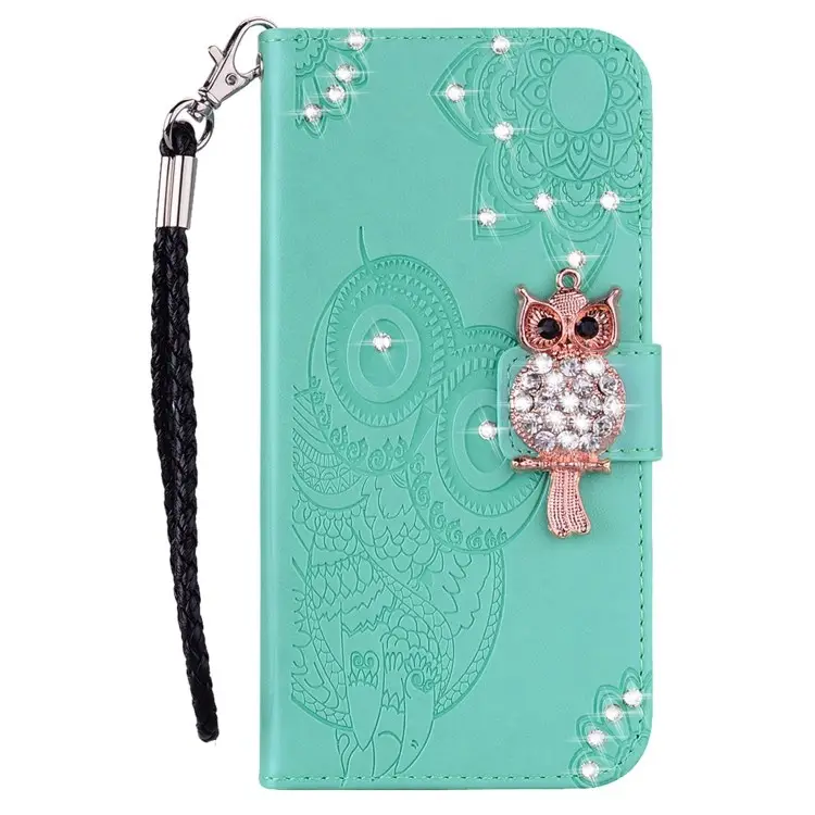 Leather Case Phone Wallet Stand Cover Owl Flower Imprinted Rhinestone bling phone cases for iPhone 15 14 pro max plus back cover