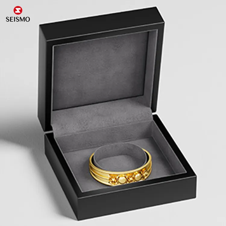 Personalizado de lujo negro pulido hecho a mano pequeño anillo de joyería de madera pulsera regalos caja de embalaje Embalaje de joyería al por mayor