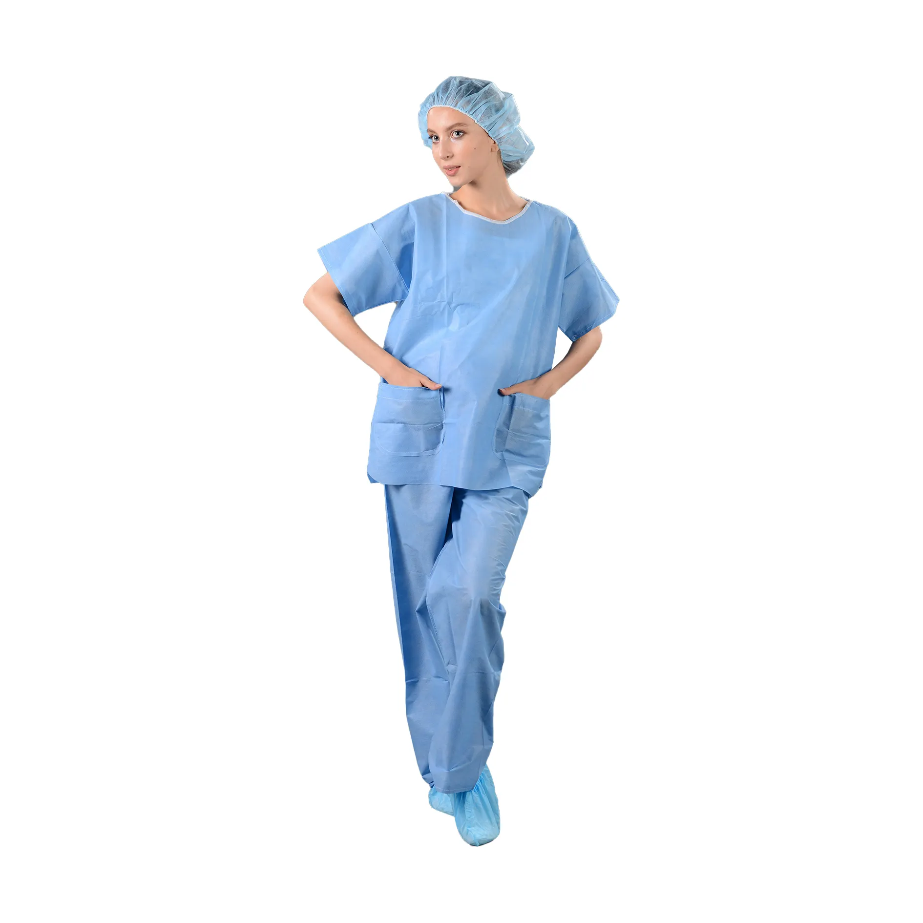 Azul oscuro Cómodo SMS Aislamiento no tejido Traje de fregado Ropa de operación transpirable Desechable Unisex Scrubs OEM Fábrica