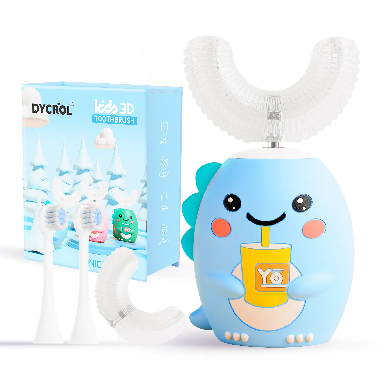 DYCROL OEM cute cartoon dinosaur bambini spazzolino elettrico sonico a forma di u per bambini spazzolino da denti logo personalizzato