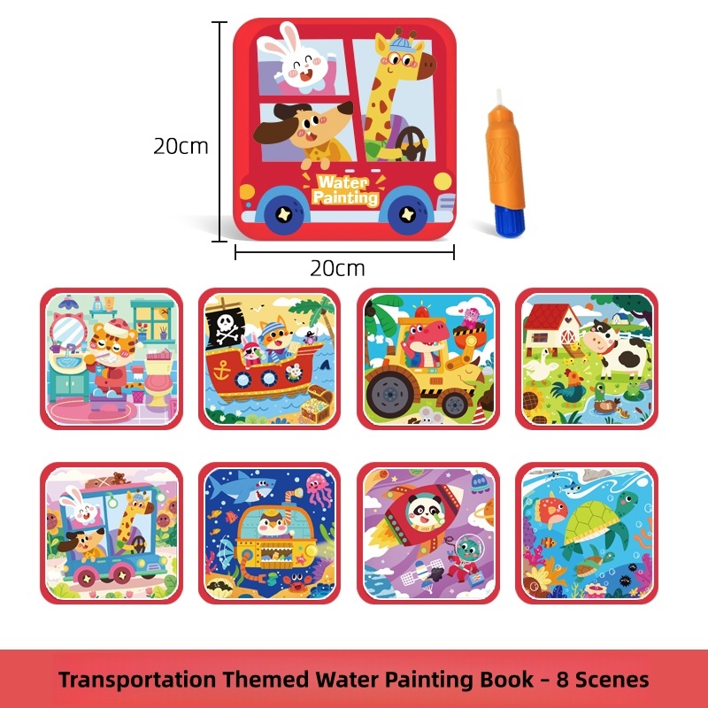 Libro de pintura al agua con temática de transporte - 8 escenas