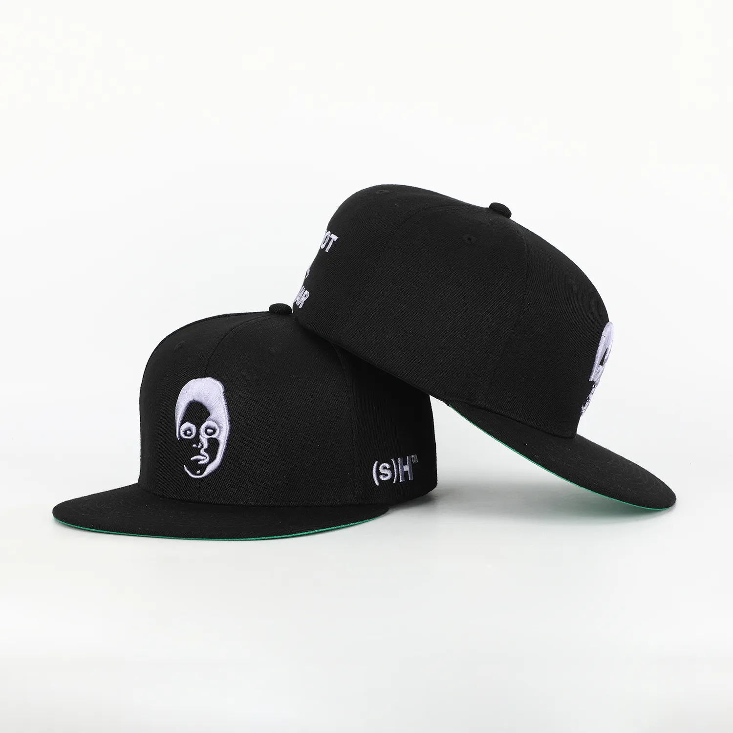 Gorras personalizadas de acrílico negro con espalda cerrada de 6 paneles, gorra ajustada con logotipo bordado 3D, gorra Snapback verde con ala inferior de Hip Hop