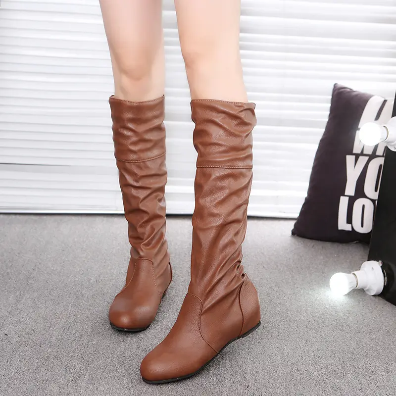 omen Shoes Flat Heel Solid Color Long Boots Pointed Toe Knee High Ladies Boots Leather Stitching Casual Girl Cute Flats Boot