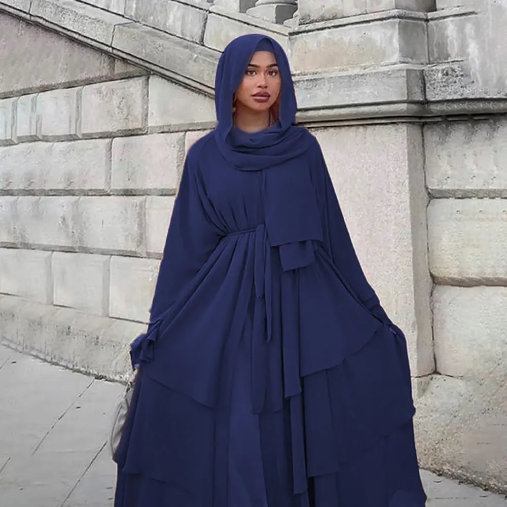 Dubaï Turquie Arabe Oman Kimono élégant en mousseline de soie avec voile en mousseline 3 couches vêtements islamiques ouverts robes musulmanes Abaya