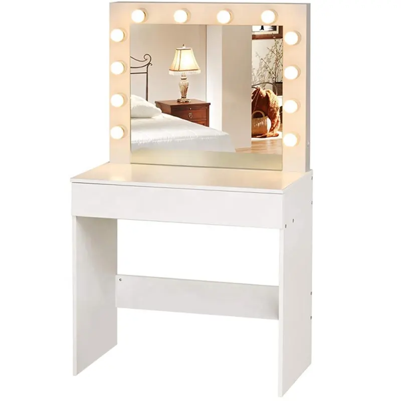 Tabela de madeira branca espelhada moderna, mobiliário de maquiagem com espelho led