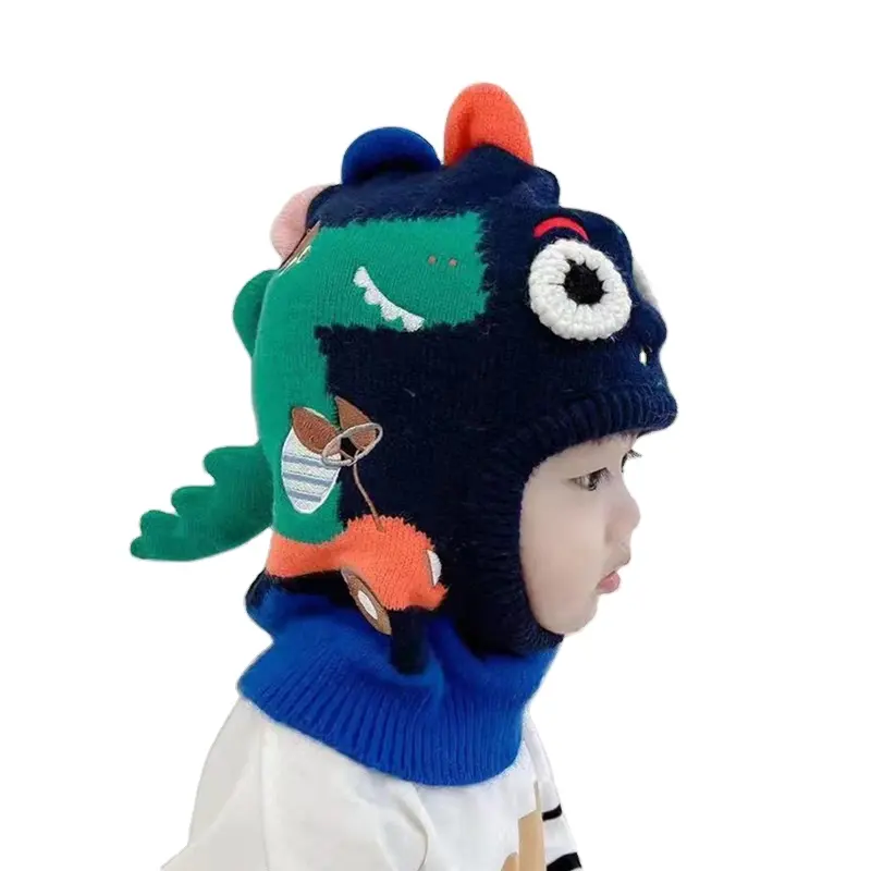 Chapéus infantis novidade dinossauro unicórnio proteção auricular windproof um lenço quente de lã para crianças de 2-6 anos