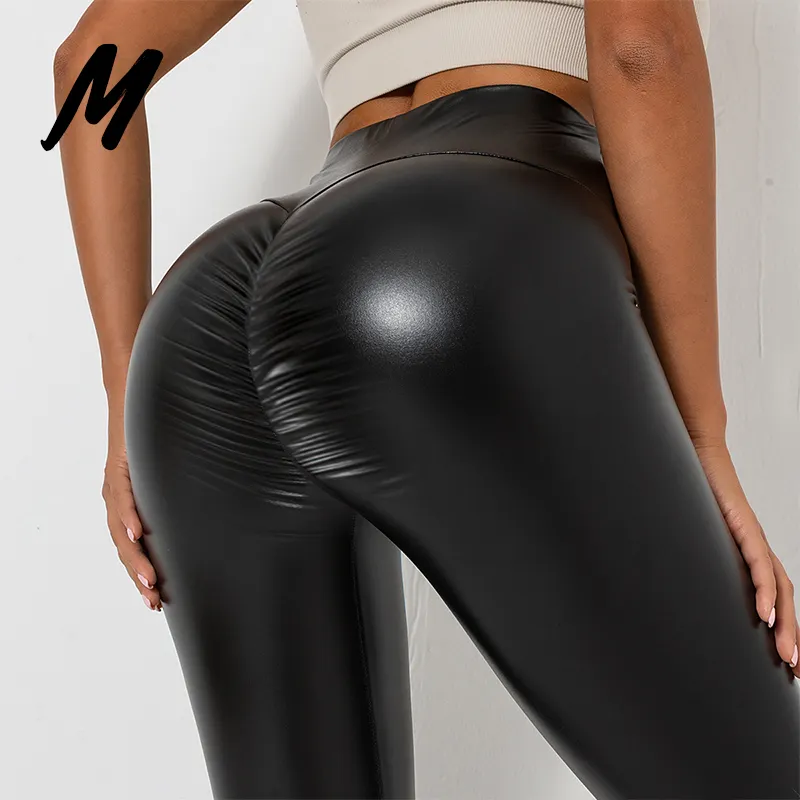 Barato negro Faux Leather Scrunch Butt Leggings pantalones brillantes medias de alta elasticidad Sexy cuero Yoga Leggings para mujeres