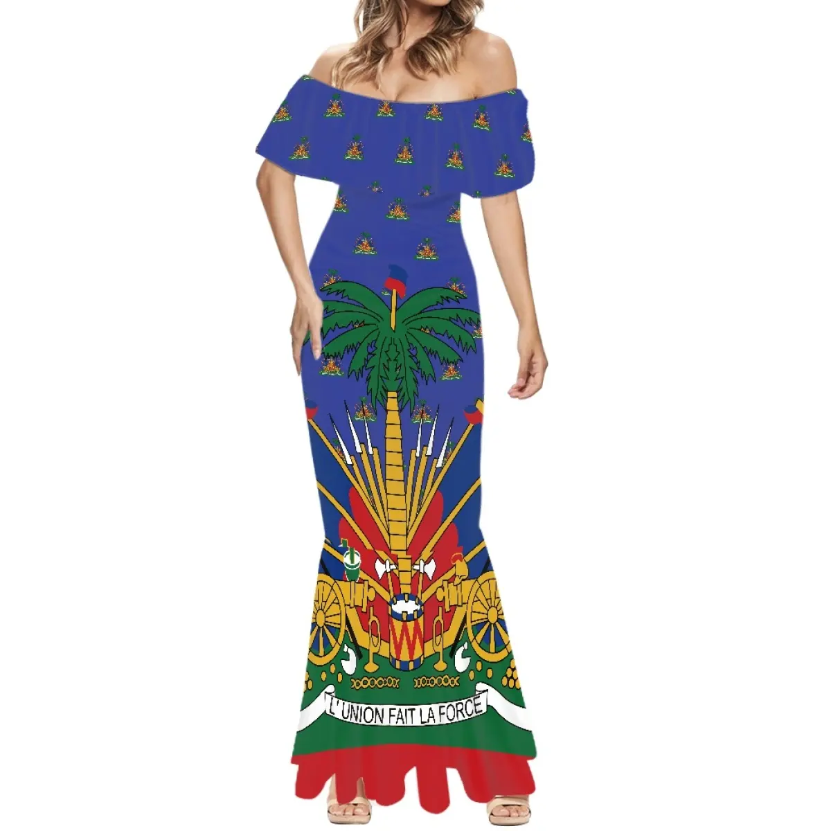 Vestido de noche largo y elegante para mujer, personalizados con apliques africanos, con hombros descubiertos y bandera nacional de haithian, venta al por mayor