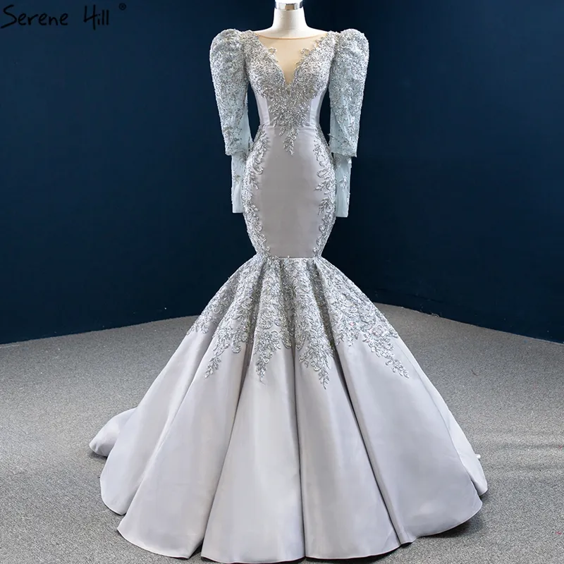 Serena Hill Grigio Della Sirena del Raso di Lusso Del Partito di Sera Abiti 2021 Manica Lunga Perle Da Sposa Bordare Abito Da Sposa HM67048