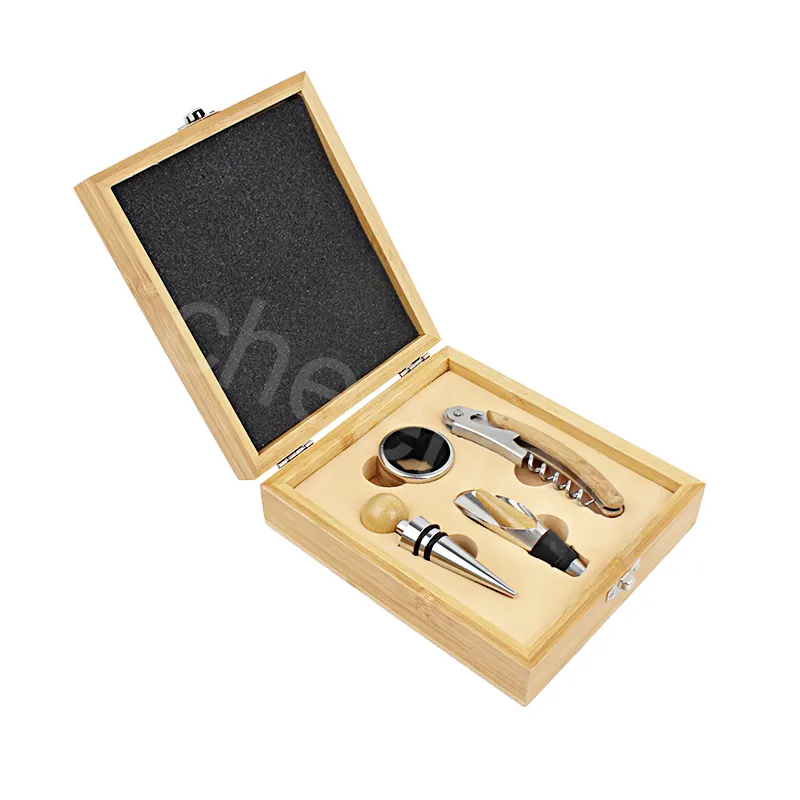 Eccellente scatola di legno di bambù 4 pezzi Kit di accessori in legno di bambù Set di accessori per cavatappi per bottiglia di vino e Set regalo per vino rosso