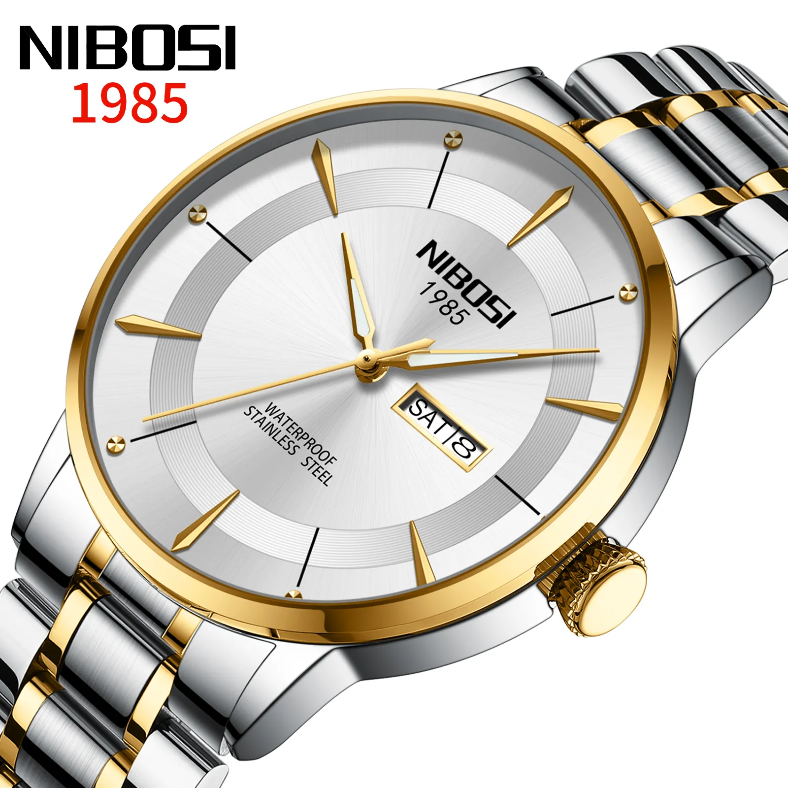 Reloj Nibosi 2607 para hombre, acero inoxidable, calidad superior, botón pulsador de lujo, cierre oculto, fecha luminosa, semana, relojes de pulsera deportivos