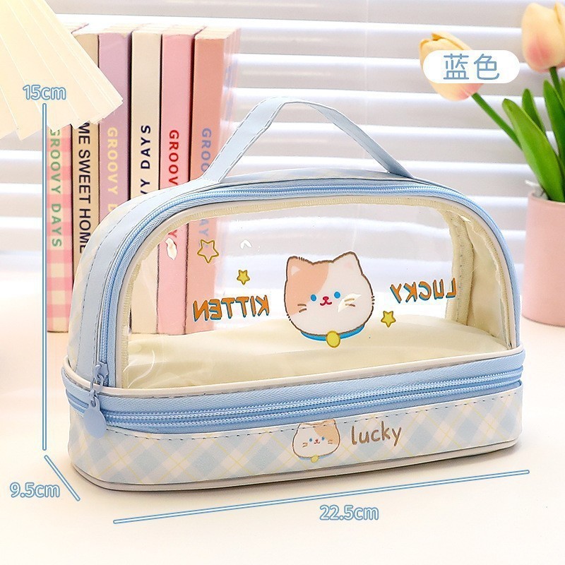 Transparent Pencil Case - Blue Kitten Reversed Letter Design