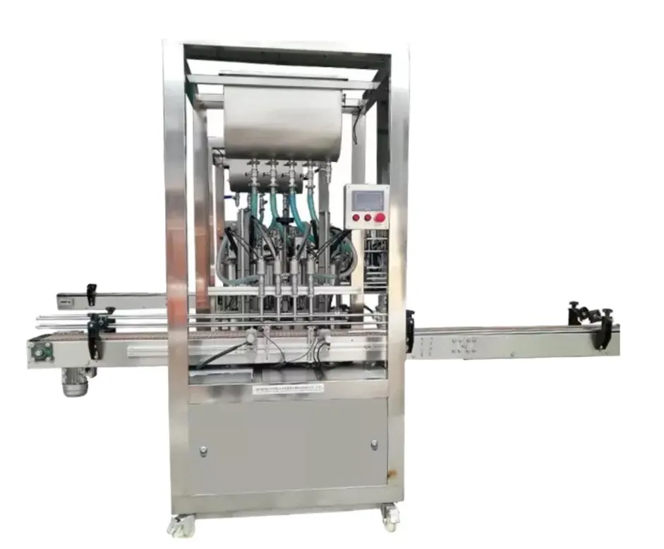 Máquina de llenado totalmente automática tipo pistón para varios líquidos pegajosos, por ejemplo, como salsas, miel, aceite de motor, etc.