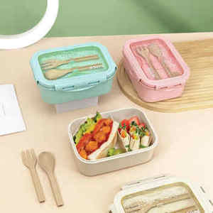Portable Eco Wheat Straw Fiber Bento Lunch Box with Spoon Fork Cutlery for Students and Workers Rice Husk Dinnerware Set - Product Image 3