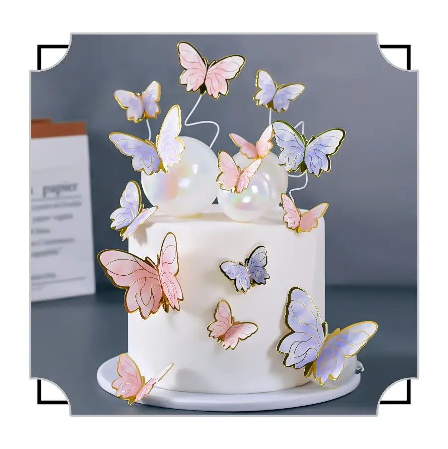 Venta al por mayor 10 unids/bolsa mariposa de papel con forro de oro hermosas mariposas decoración de pasteles para la niña de cumpleaños más linda