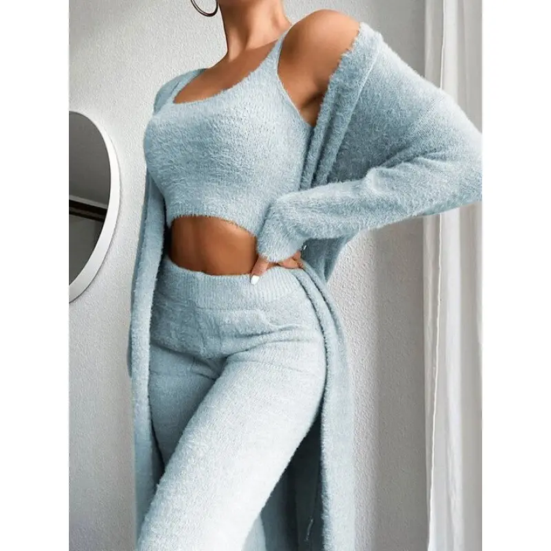 Kış peluş polar pijama 3 parça uyku setleri yumuşak Loungewear kadınlar seksi pijama rahat Wome pijama setleri