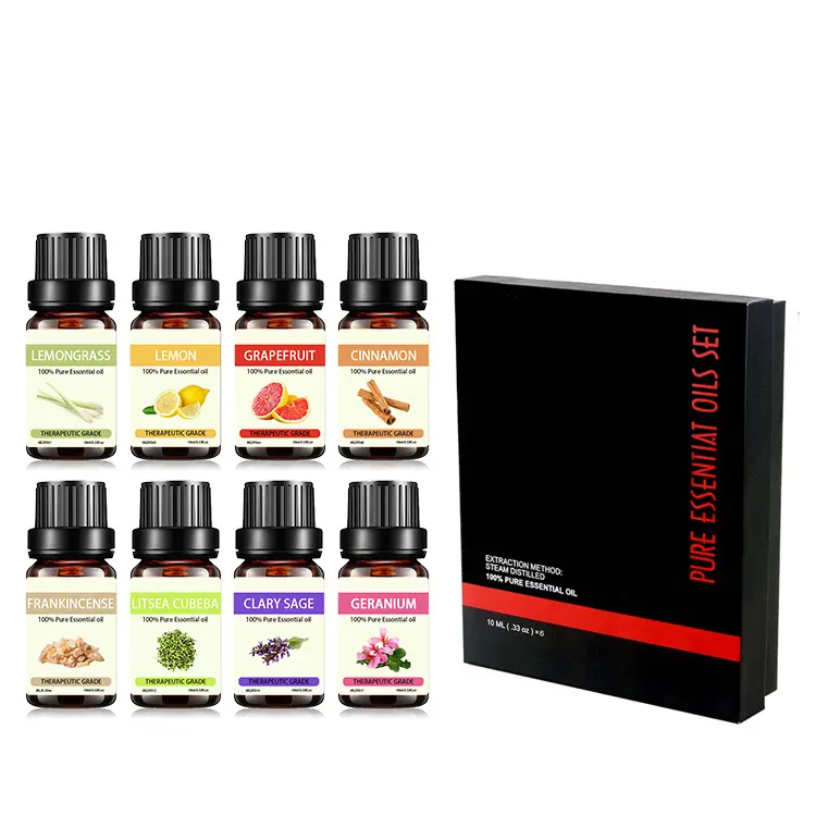 Juego de regalo de aceite esencial de aromaterapia, paquete de 8, 10ml, Natur, lavanda, hierba de limón, menta, árbol de té, aceite de naranja y eucalipto