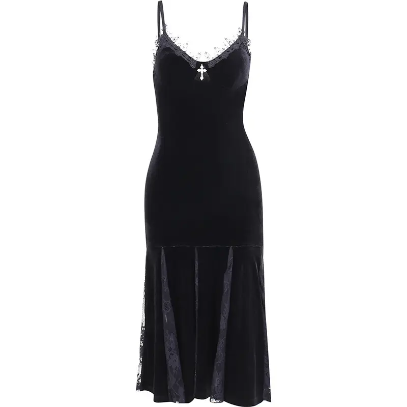 Vestido negro de encaje de noche, cola de pez, largo, ropa gótica para mujer, venta al por mayor