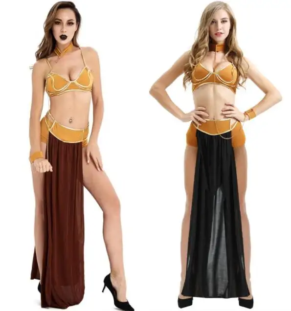 Ecofalson-Disfraz de princesa Leia Slave, vestido de Cosplay de Carnaval Sexy, sujetador dorado y cadena de cuello, disfraz de Halloween