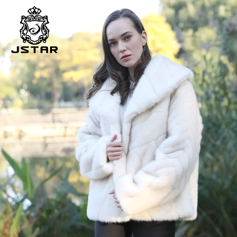 Jstar winter women good quality mid length navy collar embossed pattern casual style eco artificial Faux mink Fur women's coat