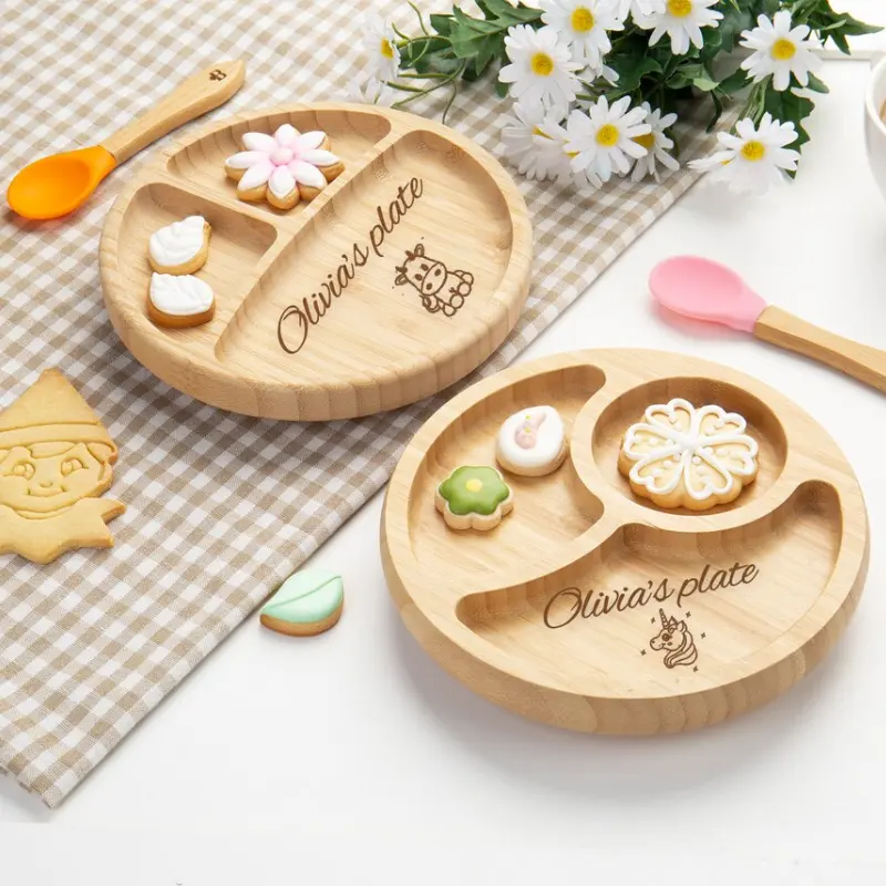Piatti per bambini in bambù personalizzati all'ingrosso piatti per bambini in legno intagliato con cucchiaio di bambù