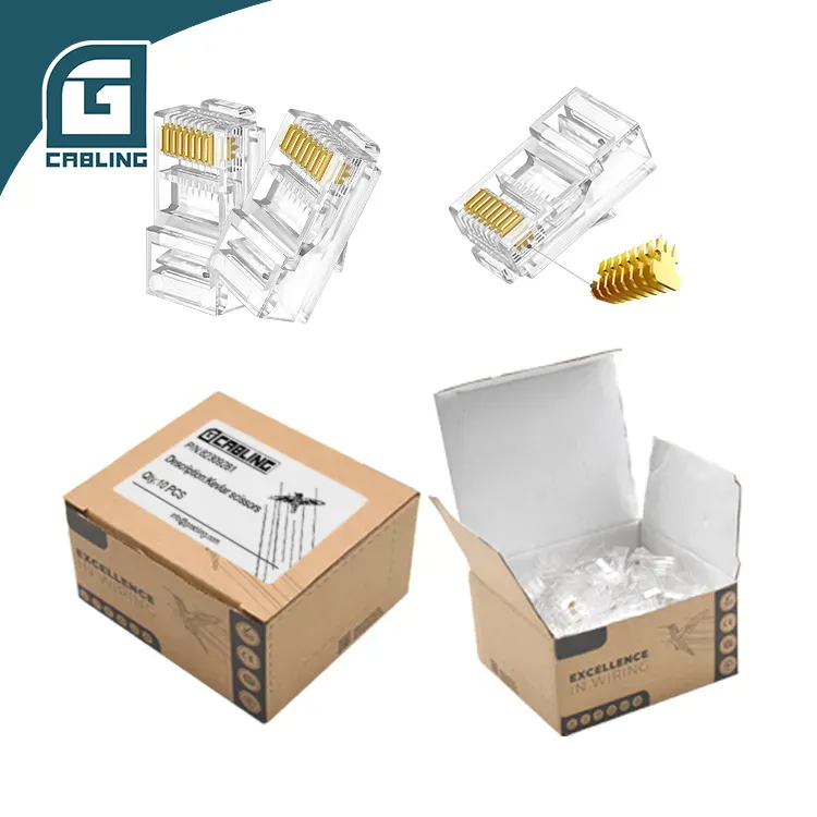 Conector gcabling ethernet rj45, conector cat5e cat 6 passar por 8p8c plug modular utp inserção gato 6 rj45