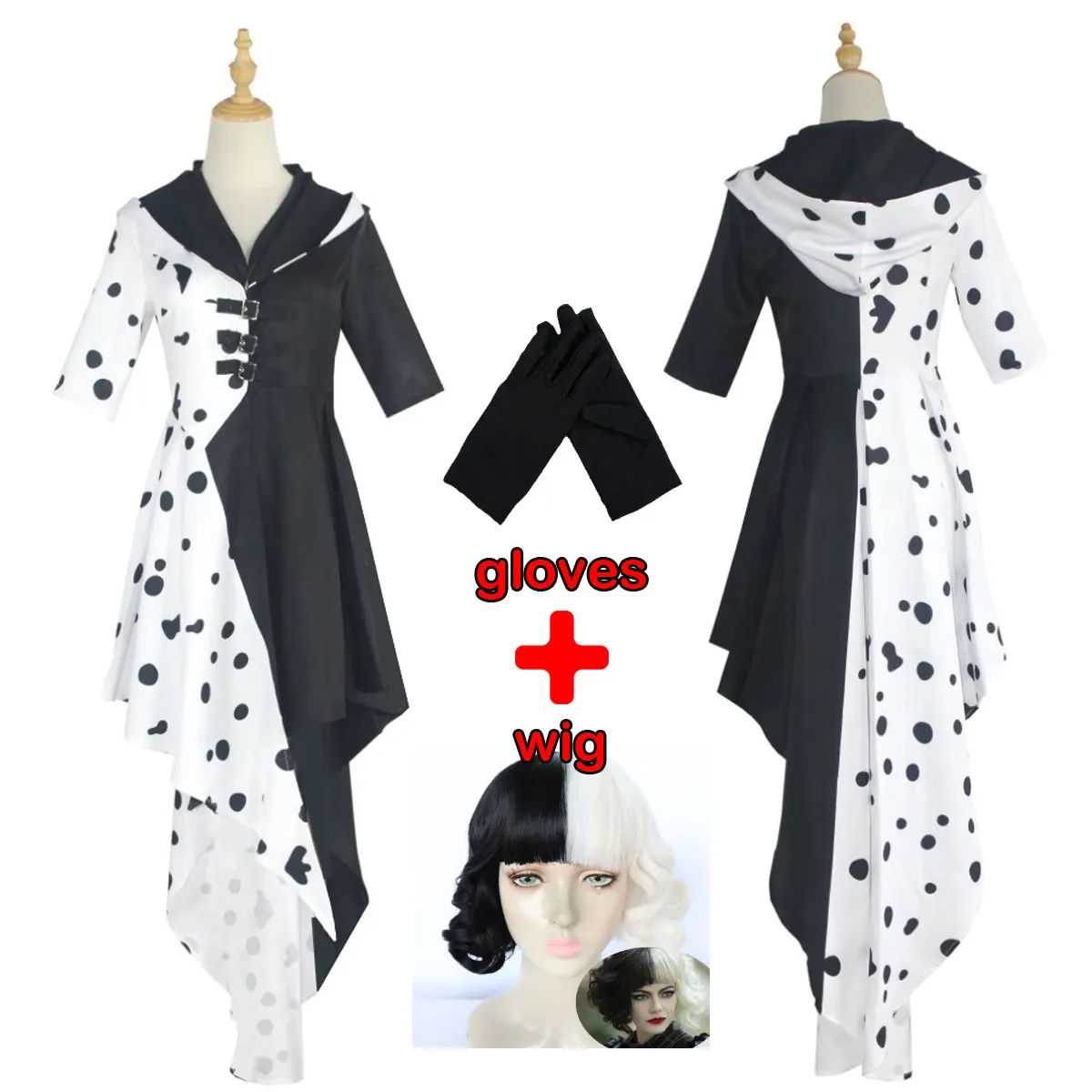 Disfraz De película Cruella De Vil para mujer adulta, disfraz De Cosplay De Dálmatas, peluca De vestido blanco y negro a la moda, ropa De fiesta De Halloween, 101