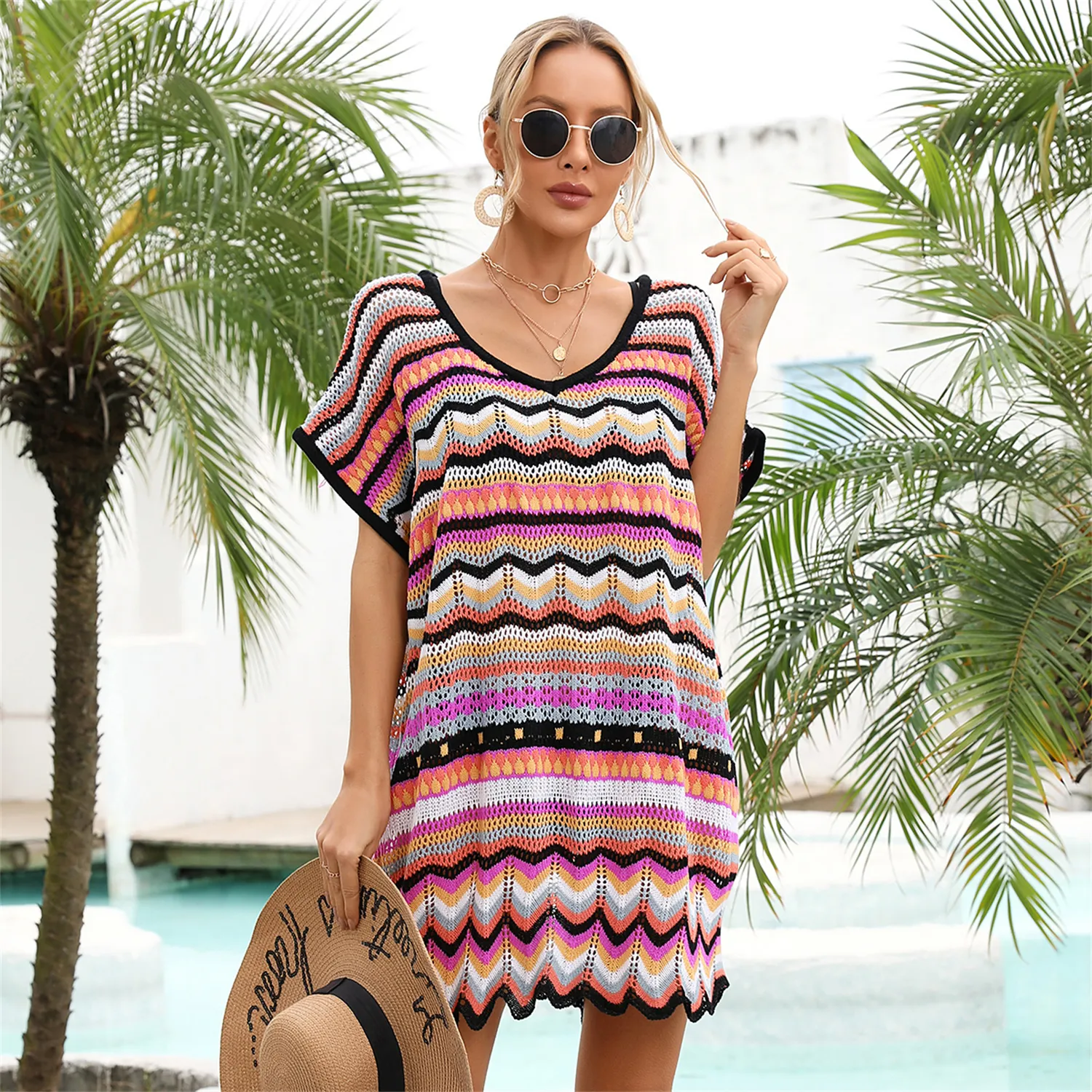 OEM ODM personalizado verano colorido patrón de onda vestido de Punto ligero Vestido de manga corta para viajes y vacaciones