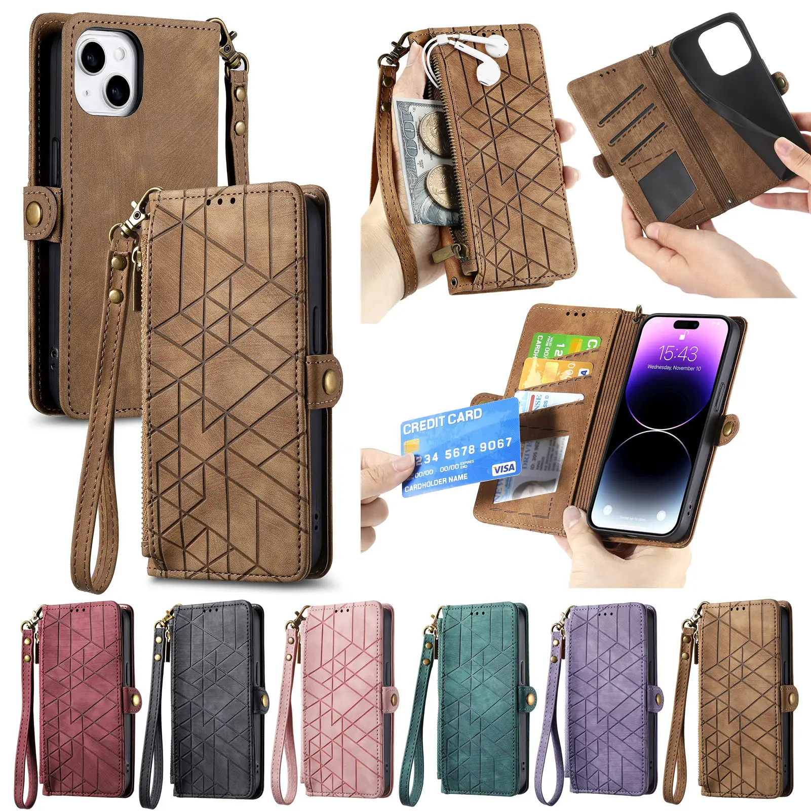 Factory Drop Shipping Hochwertige Ledertasche Brieftasche Geometrisches Design Schnallen design Für Iphone 15 14 13 12 11 Hülle