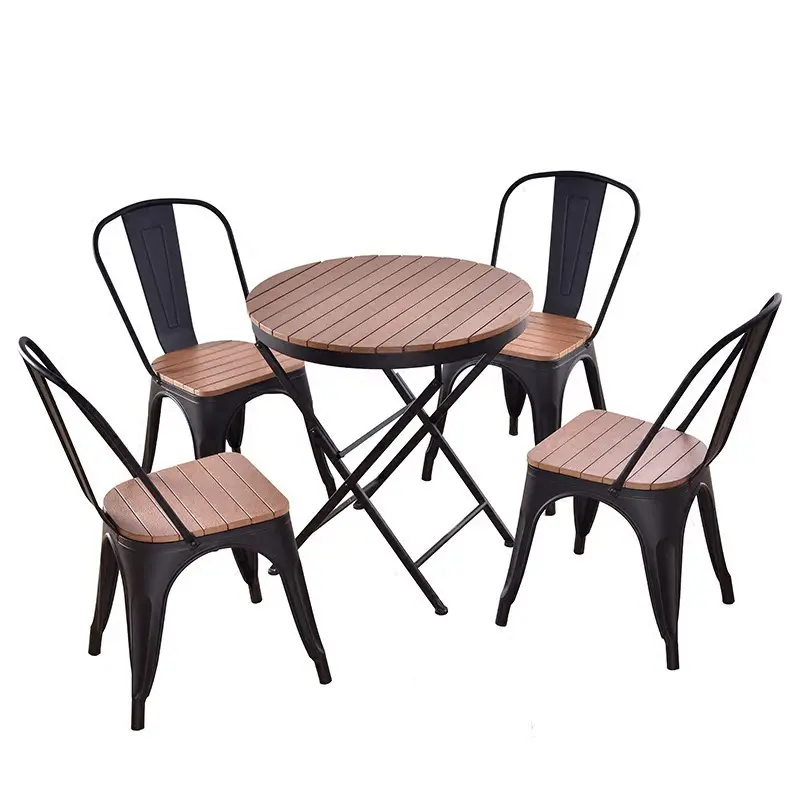 Patio Waterproof Outdoor Furniture Dining Sets Teak Color Plastic Wood Tables And Chairs For Garden