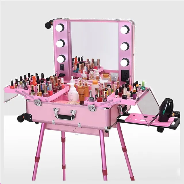 hot selling aluminum case with wheels trolley aluminium aluminum makeup cosmetic case with mirror lights bulbs legs stands trays