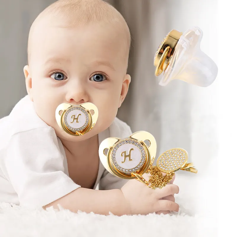 Chupete de silicona para pezón de bebé, sin Bpa, 26 letras, sublimación infantil, Diamante ostentoso, dorado, con cadena de Clip