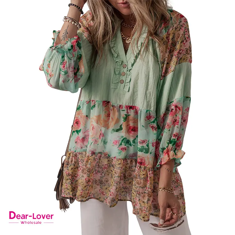 Dear-Lover moda mujer Top Floral Patchwork volantes cuello dividido gasa mujeres Camisas Blusas y Tops