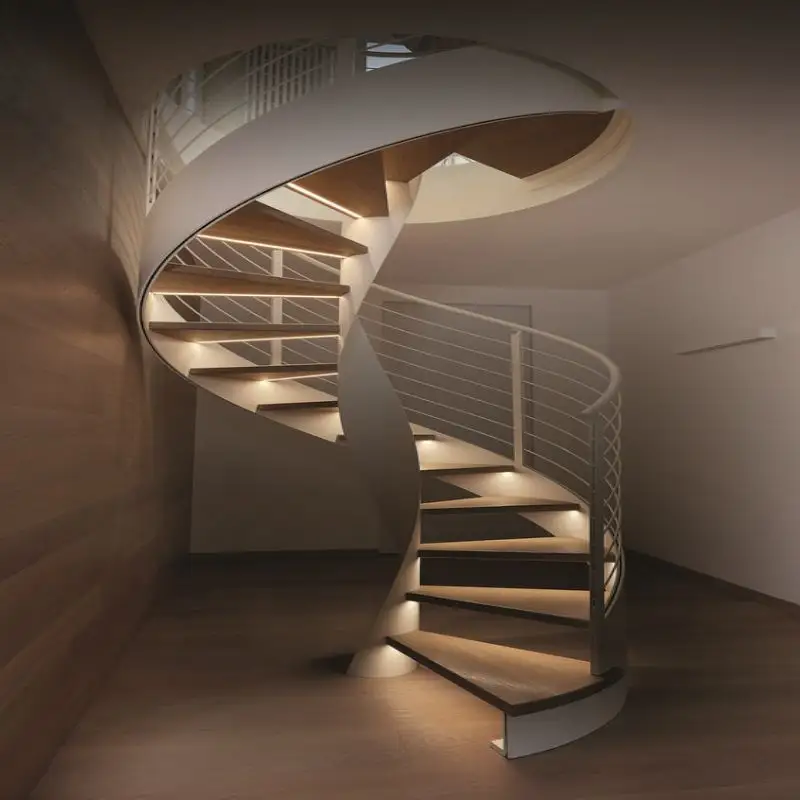 CBMmart-Escalera de espiral de vidrio, estructura de acero, de metal, escalera espiral con pisada de madera